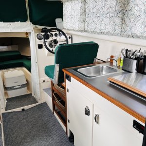 Media 'Fridge replaced with shelves, new countertop and Wallas Stove' in album 'Buffed, waxed, bottom paint, new decals and pinstripes'