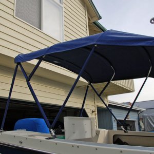 Media 'Canvas frame, starboard side.' in album 'Sunbrella canvas, port side.  I wanted it to cover the spash well so I could bar-b-que in the rain.  Good thing too as it rained every weekend I was out last summer.'
