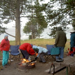 Media 'packing up from campfire to head to the c-dorys' in album 'On Mokai into this cavern to take this photo near steamboat point'