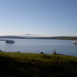 Media 'Halcyon and Roger and Mary Jo's C-Dory anchored in Eagle Bay morning after being run off campfire by the snow on Sept 1' in album 'On Mokai into this cavern to take this photo near steamboat point'