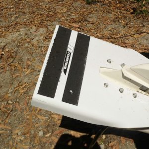 Media 'Non slip 3M tape on the Permatrim helps make it a safer step for emergency reboarding (if your ladder is not attached)' in album '6-7" aluminum foam grip clip on carabiner (see next photo) makes an excellent hand hold, clipped on rear cleat for emergency crawling into boat . This is especially true if the boat is equipped with Permatrim. I leave it there permanently.'