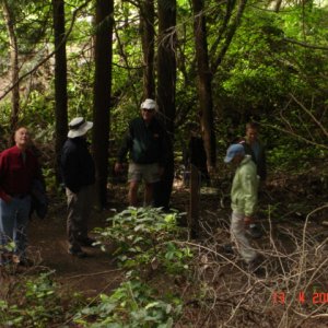 13 June Joe (R-MATEY) & HALCYON crew in the woods on Stuart Island.