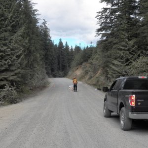 Media 'The road was closed at one point, but we were assured that it would be opened soon and it was.' in album 'Driving in on the "gravel" road to Fair Harbour we saw the prior evening's lightning strikes, mostly on the tops of the peaks.'