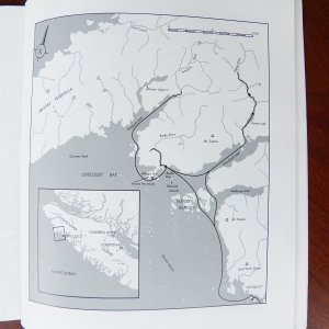 Media 'Here is a map of the area north of Kyuquot Sound (from a hiking book).  The inlets were filled with smoke, so we will have to go back again to explore those areas.  And now that I know that Kyuquot doesn't have gas, I'll take another 10 gallons.' in album 'Driving in on the "gravel" road to Fair Harbour we saw the prior evening's lightning strikes, mostly on the tops of the peaks.'
