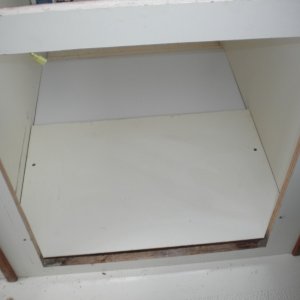 Media 'Replacement floor test fit in Refrigerator compartment.' in album 'Refer removed, floor waiting to be cut out.'