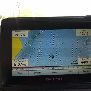 Media 'A shot of Desert Dory's best "at speed" cruise speed.

When conditions allow, I've found this to be the most economical "fast cruise". Slower, around 18 mph, gets me around 4 mpg. This was the case on our Powell trip too.

We almost hit the 100 hour mark (98 hours) on our engine on this trip too. 38 hours on it when we bought it almost a year ago.' in album 'Spent a couple of nights at our local pond (Pondagonia, as we so loving call it). Got 2 boat-in camp sites and shuttled about 20 people, and their gear, to the sites for 4th of July weekend. It was HOT and buggy but we all survived.'