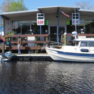 Ocklawaha Queen (Cliff) and Alma\'s Only (David) fueling up in Astor.