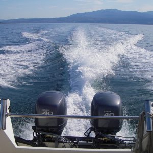 Flat but not glassy day, twin 40's, headed out of Sequim Bay, with "Port" and "Starbird" just loping.