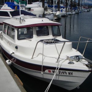 SleepyC (aka Jim's Dorie) moored at Island Marine Center, Fisherman's Bay, Lopez Island for the Opening Day CBGT, our first CBGT.