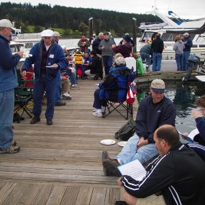 C-Brats on the dock at Lopez Fisherman's Bay CBGT, Our first encounter away from Sequim Bay.