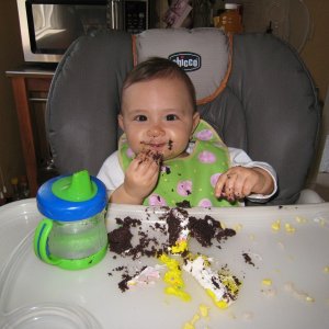Skylar eating left over b-day cake!!Yahoo I'am 1 now!!