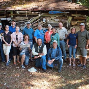 Media 'The C-dory group at the Conover Cove meal pavilion, with the commemorative plaque - a group effort! September 10, 2013' in album 'Blue Skies moored in Patricia Bay, September 5, 2013'