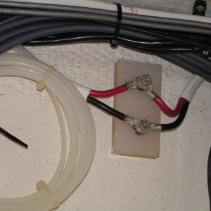 (Dora~Jean) Added another 8 AWG wire from batteries to windlass, fab'd plate to tap into line for the Wallas.