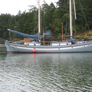 late great Allan Farrel built wood Native Girl stays"l schooner 1965 moored Silva Bay