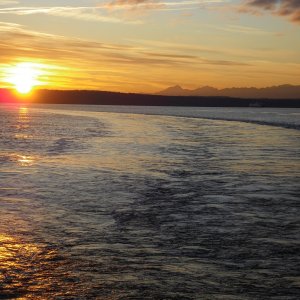 Sunset off the fantail of the Kingston ferry, with the Olympic mountians in the winter sunset.