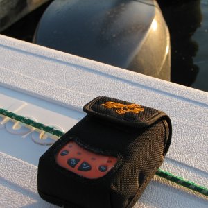 SPOT device latched over the bungee on the cooler, with a clear view of the sky.  "Check-In OK" we're here.