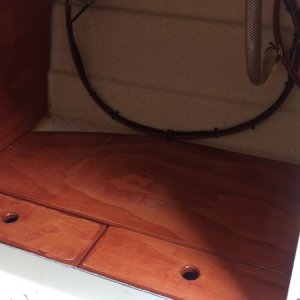 Media 'Finished platform. Stained plywood with varathane finish.' in album 'Under galley sink before'