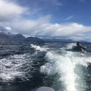 Towing 13 foot Kaboat with motor on. West side Chichagof  Island, Unprotected Gulf of Alaska  waters
