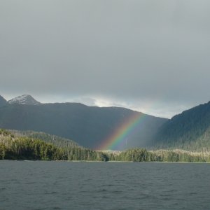 Waterfall Cove, Slocum Arm of Khaz Bay, West side of Chichagof Island.  White streak in rainbow is 500 ft waterfall & reason for the coves name