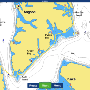 Tracks down Chatham Strait to Warm Springs Bay then around south tip of Admiralty Island to anchorage in GambierBay