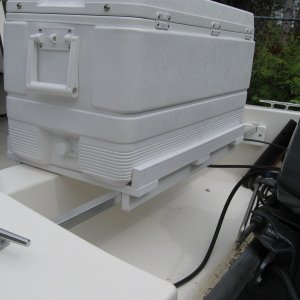 Cooler and rack, secured with bungee cords off handles to SS clips in splash well