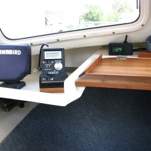 Port side dash, showing fish finder, black box, compass and switchable battery volt meter.