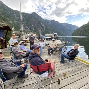 Gary & Colleen,  Daybreak, Karl & Nancy, Nowhere Fast, Rick & Kerry with their Tomcat & JoLee & I on the dock enjoying our get together with the blue sky warm weather & beautiful scenery.  Steve & Jodi, C-Time had already left earlier that day.