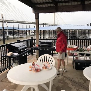 Potluck at Alton Marina. Lee in charge of grill 2!