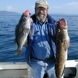 (Mason C. Bailey) Jim with nice Ling Cod and Black Sea Bass, May, 17th, 2004, Neah Bay.