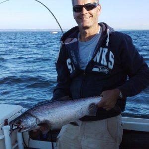 Another good day at Pt no Pt.  3 takedowns (2 bigger fish lost / spit the hook) on the deep set up right on the bottom, 110' fow at 120-160' of cable.  2 smaller kings in the boat, one by Parker.  One takedown on the suspended rod, 72' down with the white hootchie.