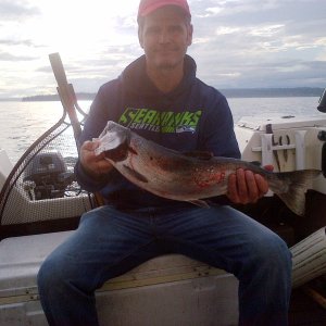 Silver caught @ Jeff Head 10/18/14, 65' down with a white hootchie.  Tough day, strong tides causing lots of tangles.  Bigger fish hit 105' down while trolling over to Richmond beach but broke the line.