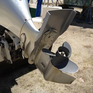 Media 'Job One was to install a Permatrim on our Honda 150.' in album 'It was easier to work on Muse at ground level in our favorite boat yard.'