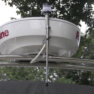 Upside down flagpole clamped by SS clamps to radar arch. Just clip flags on and off.