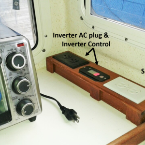 Inverter Power switch/monitor and plug along with shore AC power plug located conveniently to toaster oven/ coffee maker or computers