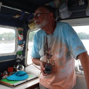 Media 'Using the Remote
We like the slower speeds but spending a lot of time at the helm gets tiresome.  With the remote for the auto pilot you can get up and wander a bit.  The remote allows you to make little changes.  Still like the wheel in hand for major stuff like meeting other boats.' in album 'I hollowed out the foam from under the V berth.  I entered froml the side first, and found that it was almost impossible to work in there, so I then entered from the top.  Glad I did both.  Used Tempress hatches.  The first set were "slam" catchs, and due to the very slight curved of the wall, they would not stay closed.  So they ended up on top, and "cam" latches on the vertical sides.'