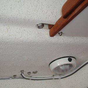 Media 'Shelf secured to #2 roof rail post bolt.' in album 'Parts for overhead shelf fix.
Bolt is flat headed "toilet bolt"'