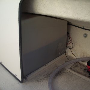Media '$10.00 bilge pump.  Project under construction.  Factory "glassed" in the fuel tanks, added new front dividers too.' in album 'New high radar arch.  Ding Bat will fit right under.  New spare mounted on trailer.'