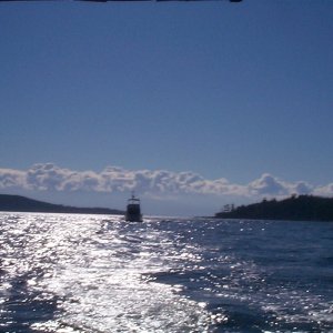 (seabran) Being overtaken by charter boat our friends are on.
