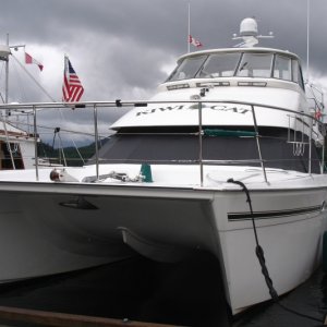 Kiwi Cat..We were the big Cat on the dock until this gal came in. Camera boat for the America's Cup.
