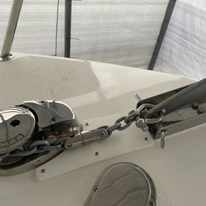 Media 'there was a section of gelcoat  between roller and windlass that needed protection from chain run' in album 'was able to salvage customized bow roller from ENDEAVOR'