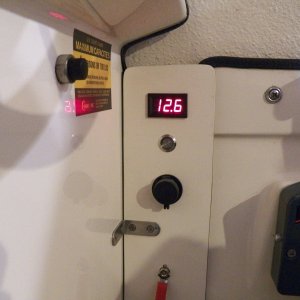 Here is the battery gauge in action.  I can use it to monitor the house battery in the evening.  It is controlled by the push button switch beneath it.