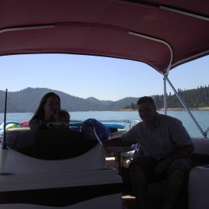 Friends aboard our 24\' pontoon boat on Lake Shasta.