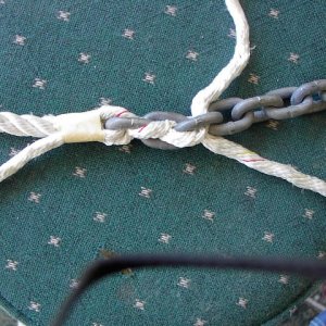 Chain/Rope Splice: Two strands weave down the chain, one back up the rope.