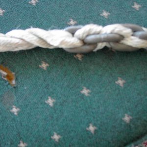 Chain/Rope Splice: After weaving the third strand back into the rope, the third strand is sewn to the other three in the rope for added strength.