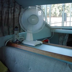 120-V fan works great with Shore Power or the generator going. Oscillating function adds greatly to it's utility.