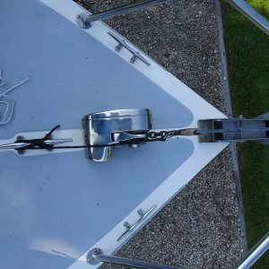 Delta anchor, windlass and preventer.  also note extra cleat on each side for anchor bridle, with rub strips better than chocks on C dory.