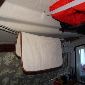 dish drying mat on clothesline--life jacket in over head