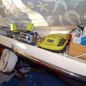 charger and Ryobi batteries.  Also have inflator for dinghy which runs off these batteries
