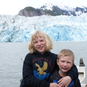Sawyer Glacier in the Background.  The run took a bit longer than expected but the kids loved to watch the glacier breaking off.