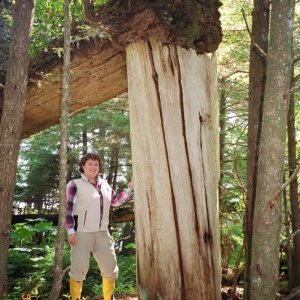 Christy with remains of a Long House Post and Beam.